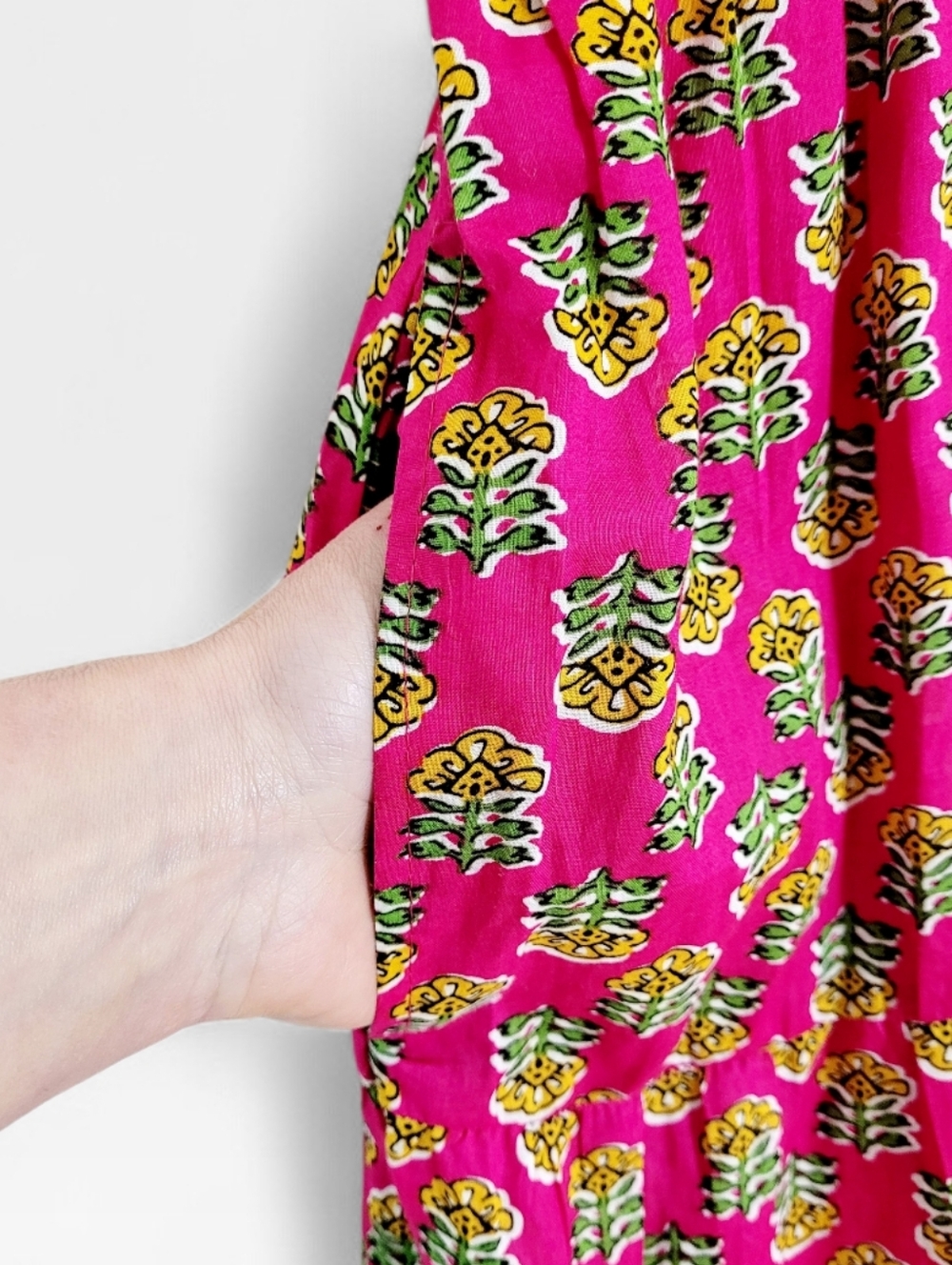 LEA Fuschia Floral Indian Block Print Smocked Puff Sleeve Maxi Dress 2X - Picture 6 of 8
